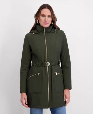 Women's Hooded, Metal Buckle Belted Softshell with Embossed Panels
