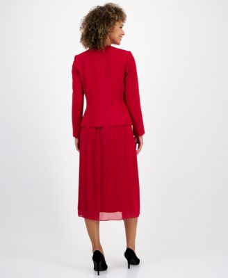 Kasper Womens Collarless Open Front Blazer Pleated Pull On Skirt In Red