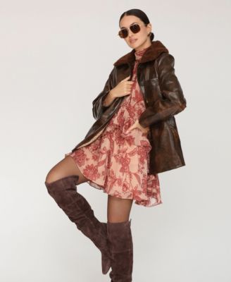 Women's Leather Contrast Collar Coat