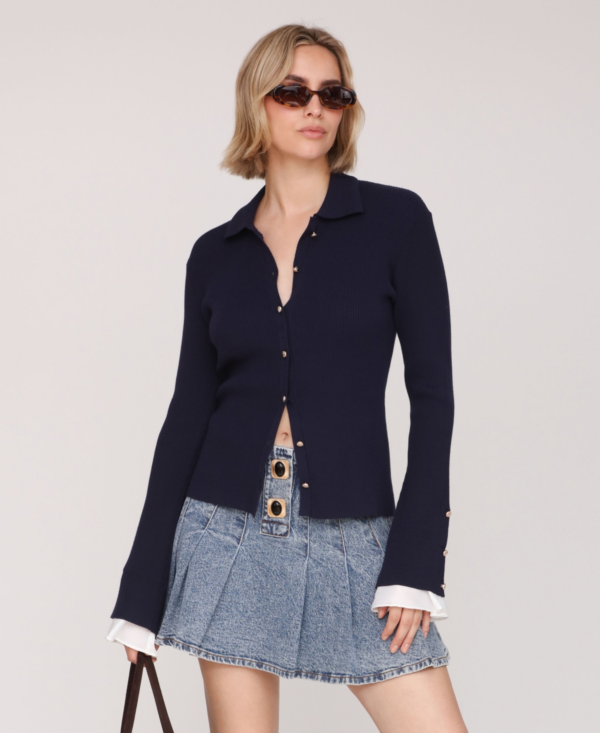 Avec Les Filles Women's Spread Collar Combo Cuff Cardigan In Blue