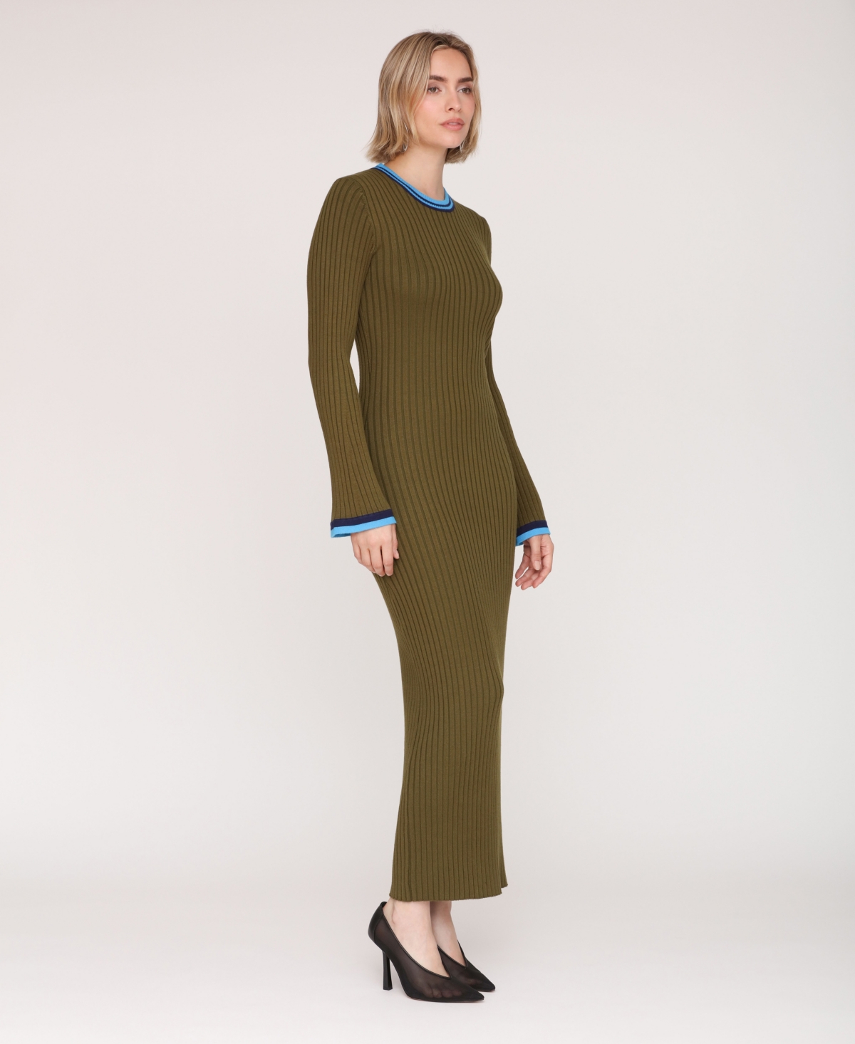 Avec Les Filles Women's Long Sleeve Ribbed Neck Maxi Dress In Green