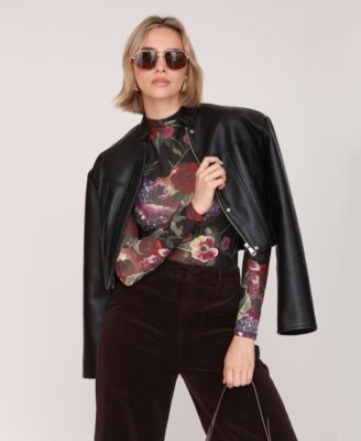 Faux Leather Women's Wide Shoulder Cropped Jacket