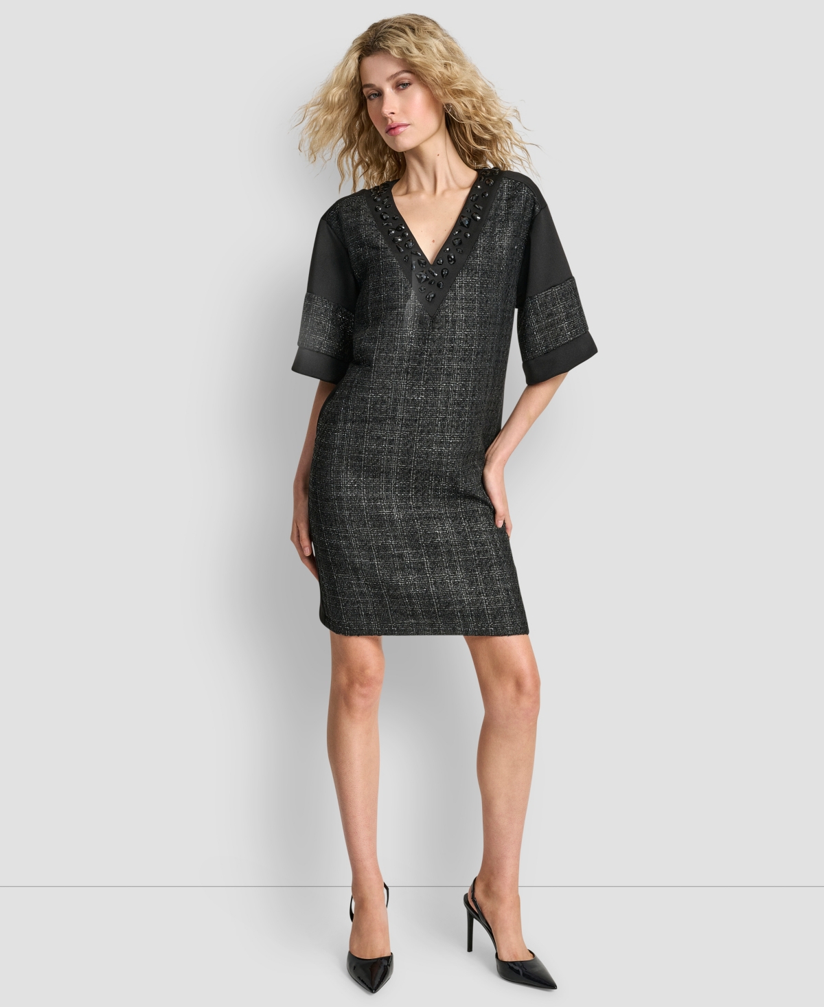 Dkny Women's Mix Media Short Sleeves Shift Dress