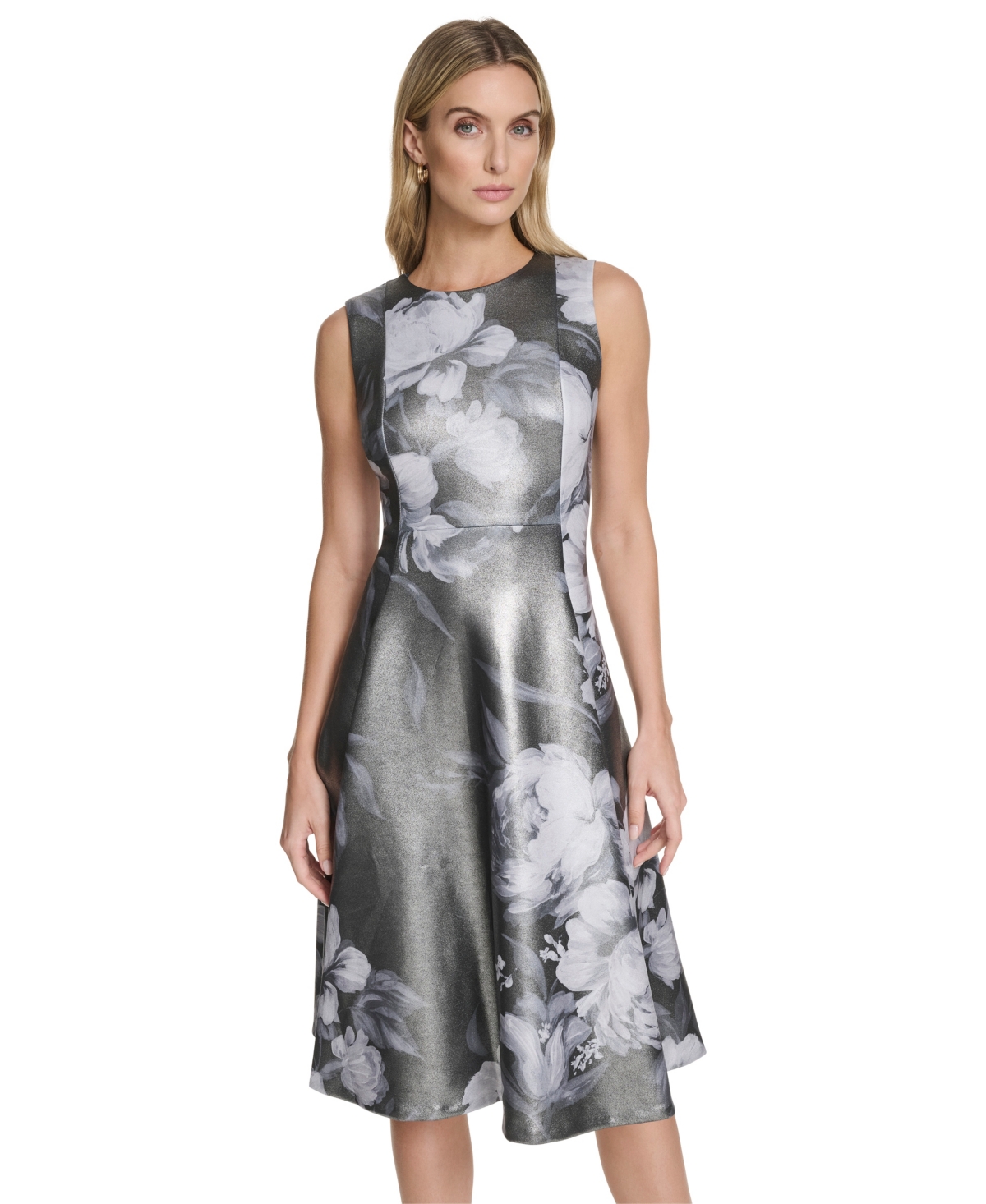 Calvin Klein Women's Foil Fit & Flare Dress In Gray