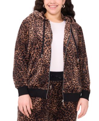 Plus Size Velour Animal-Print Zip-Front Hoodie Jacket