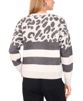 Women's Cozy Crewneck Animal-Print Stripe Long-Sleeve Sweater
