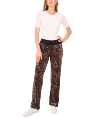 Women's Velour Animal-Print Drawstring-Waist Straight-Leg Pants