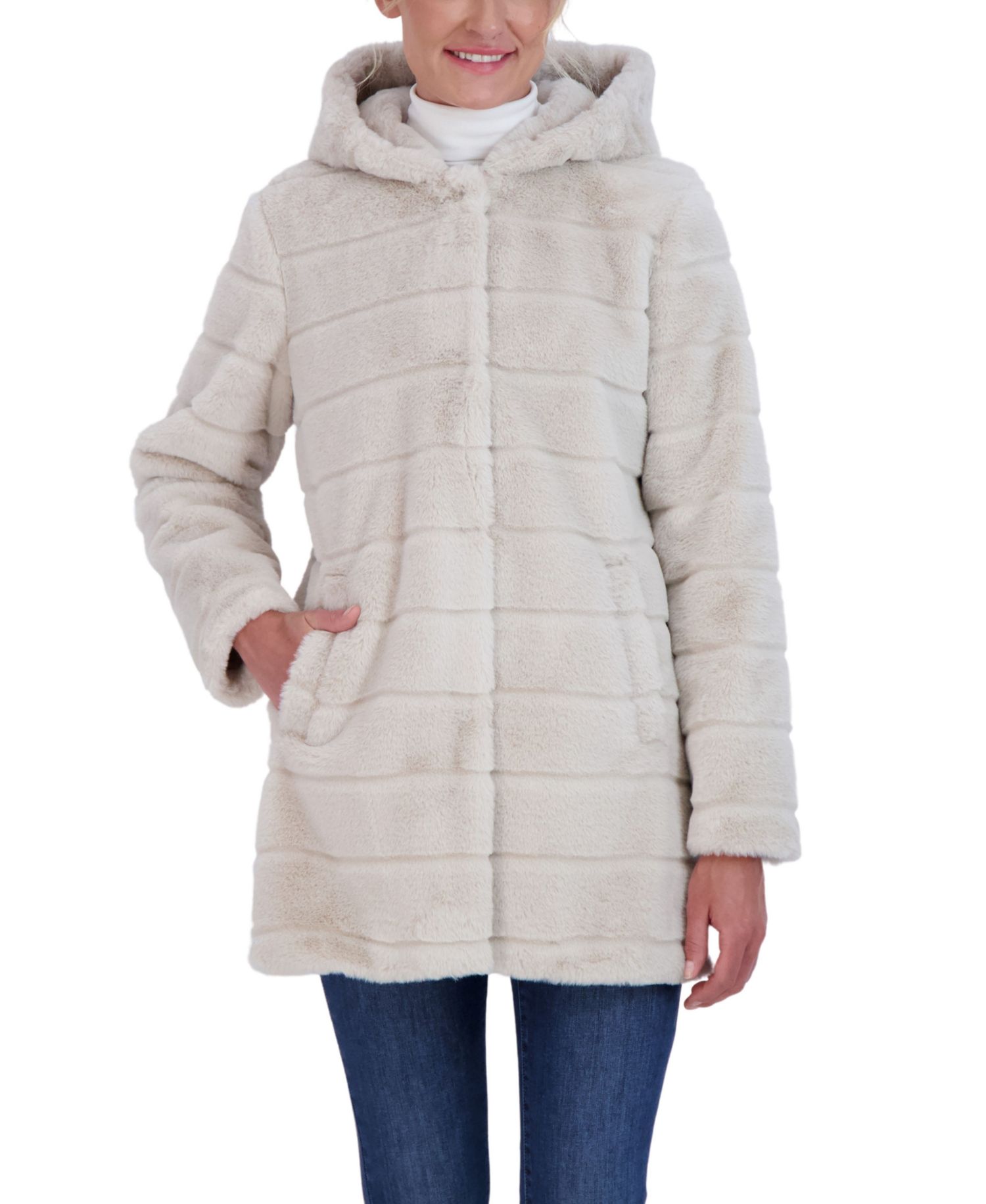 Women's Hooded Grooved Faux Fur Coat