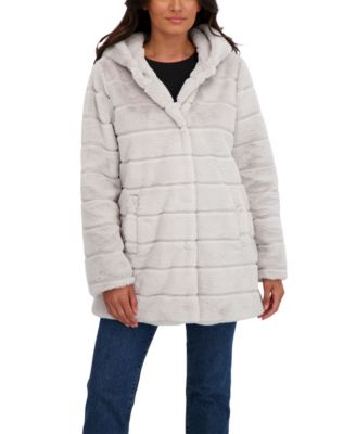 Women's Hooded Grooved Faux Fur Coat
