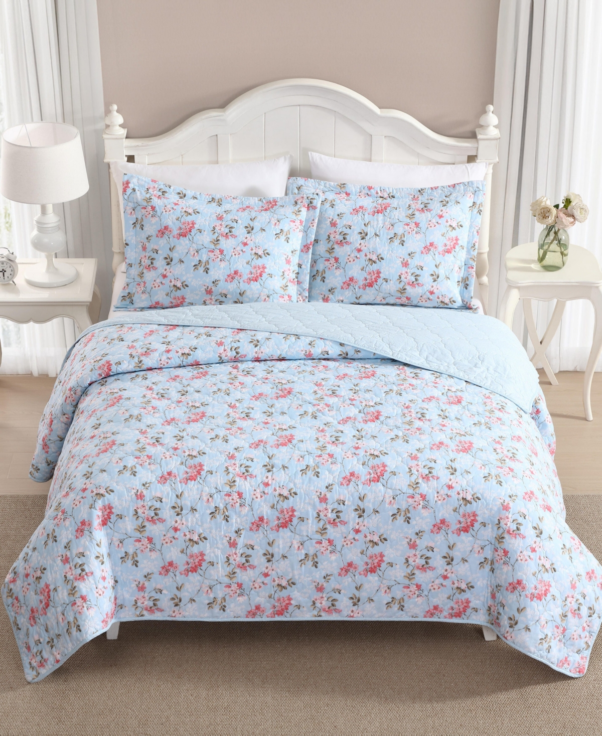 Laura Ashley Blissful Dream Cotton 3-pc. Quilt Set, Full/queen In Blue
