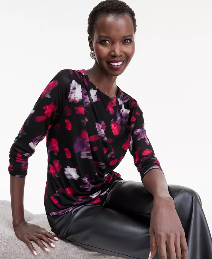 Women's Printed Long-Sleeve Draped Mesh Top - thumbnail 7