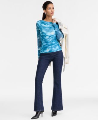 Women's Printed Long-Sleeve Draped Mesh Top