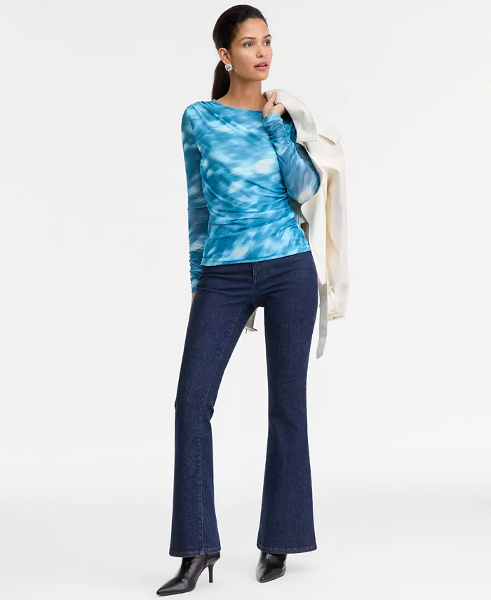 Women's Printed Long-Sleeve Draped Mesh Top - thumbnail 3