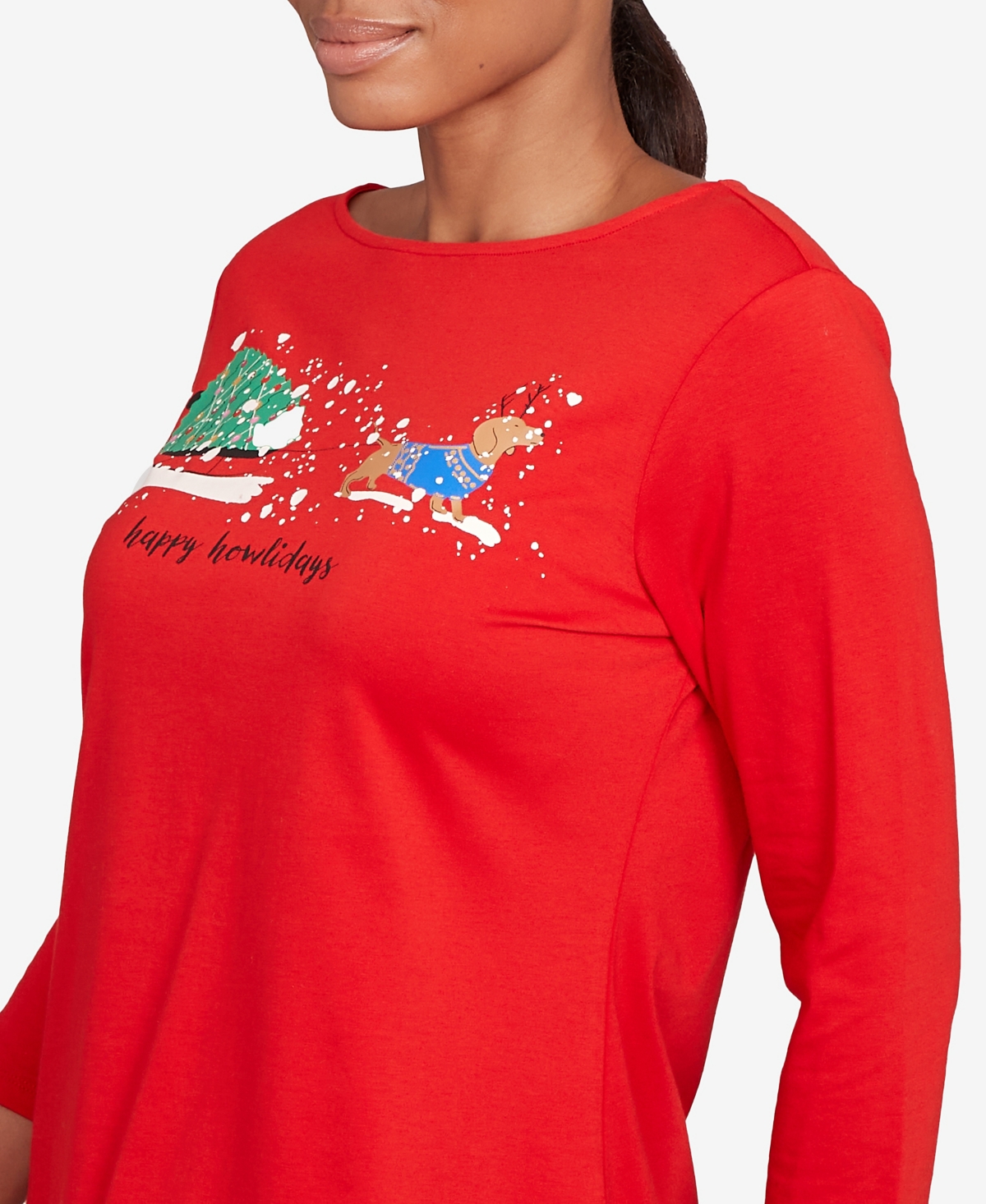 Ruby Rd. Petite Happy Howlidays Knit Top In Red