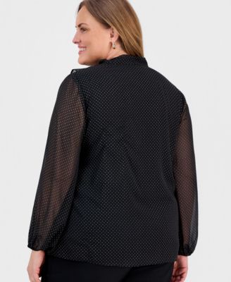 Plus Size Gold Foil Dot Print Tie-Neck Blouse 