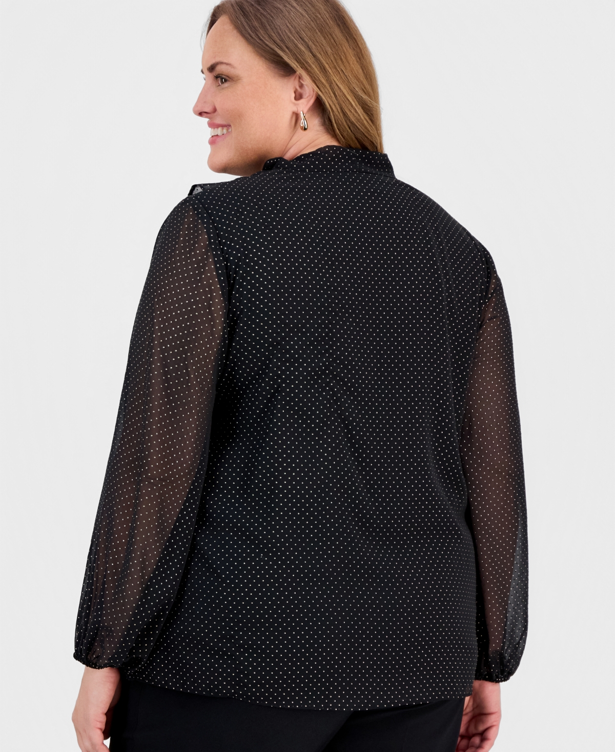 Kasper Plus Gold Foil Dot Print Tie-Neck Blouse