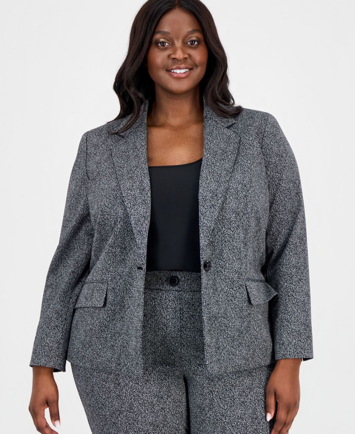 Kasper Plus Size Herringbone One-button Blazer In Gray
