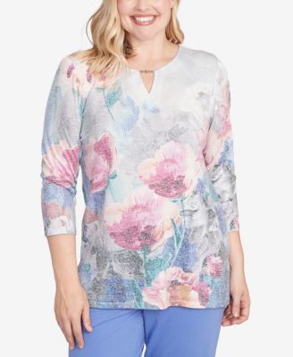Women's Casual Vibe Floral Brushstroke Beaded Split Neck Top