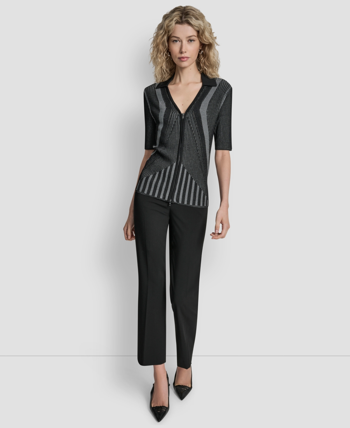 Dkny Women's Zip Up Short Sleeve Sweater In Black