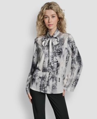 DKNY - Women's Printed Neck Tie Long Sleeve Blouse