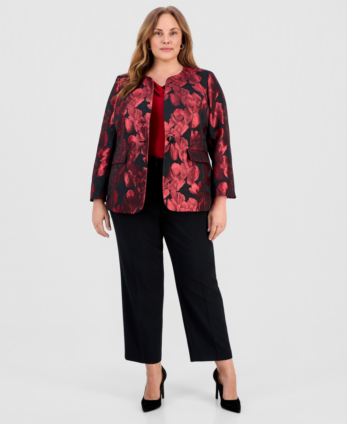 Kasper Plus Size Floral Jacquard One-button Blazer In Red