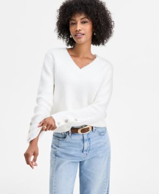 On 34th - Women's V-Neck Jewel-Button-Cuff Sweater