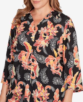Plus Size Shirt Collar Floral Paisley Button Front Top