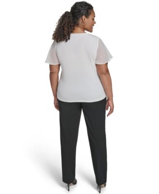 Plus Size Mixed Media Flutter-Sleeve Blouse