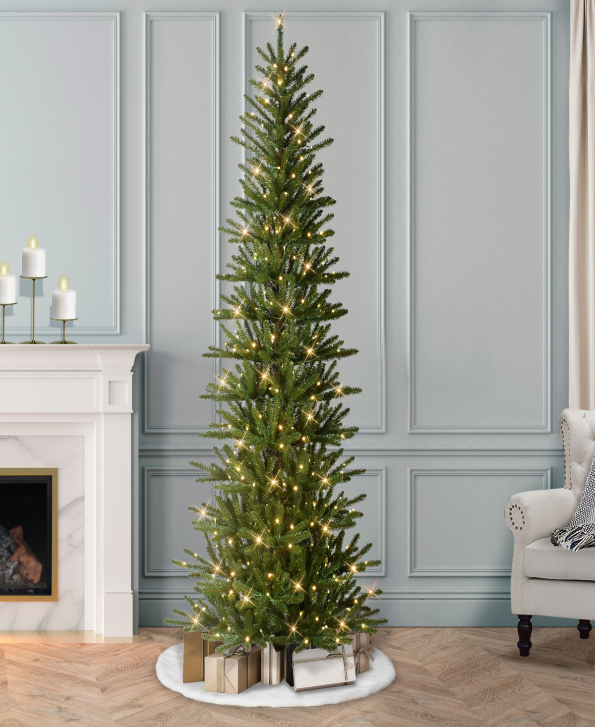 Puleo 7.5' Pre-lit Artificial Slim Mountain View Spruce Tree In Green