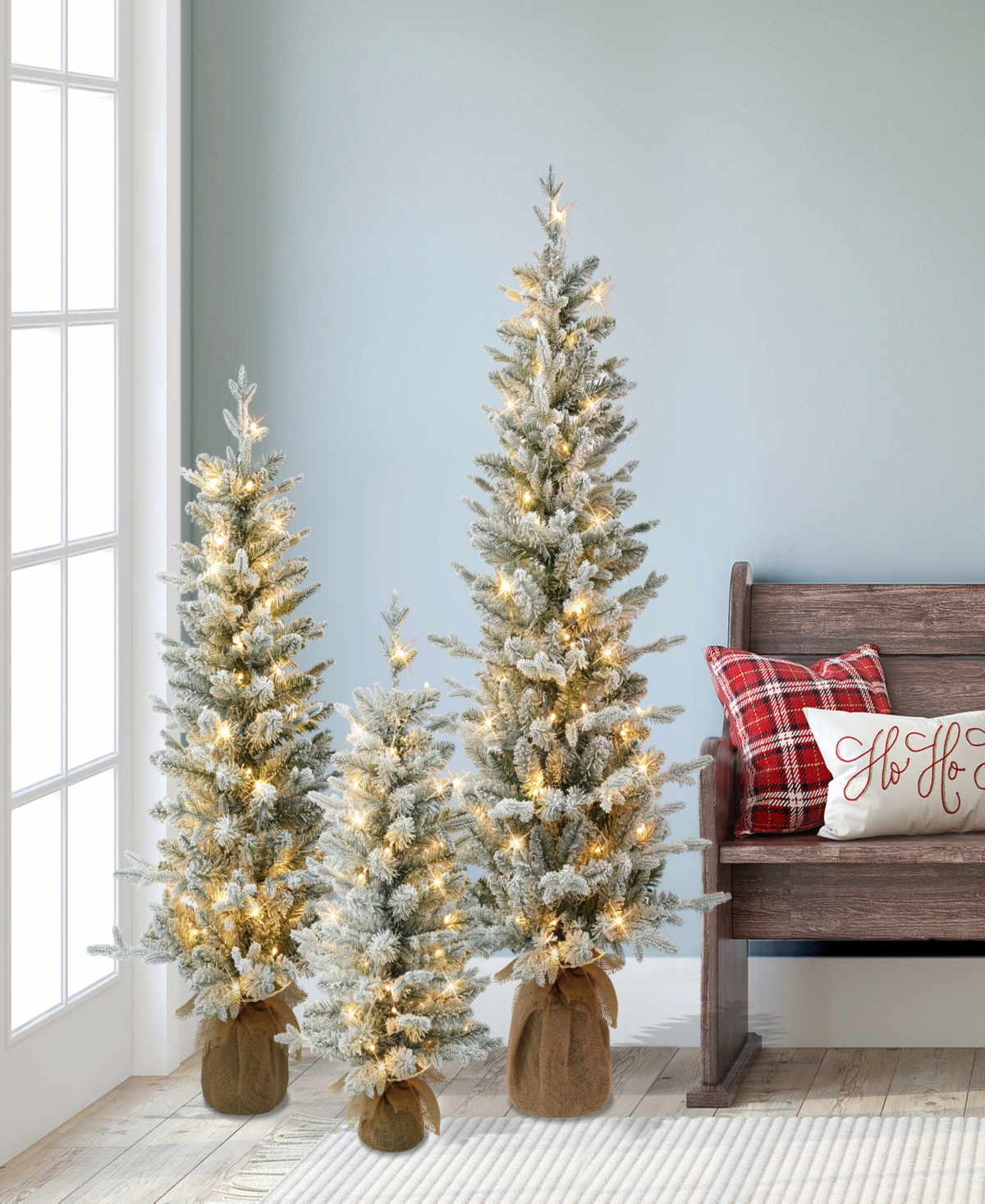Puleo Artificial Flocked Spruce Trees With Burlap Base, Set Of 3 In Brown