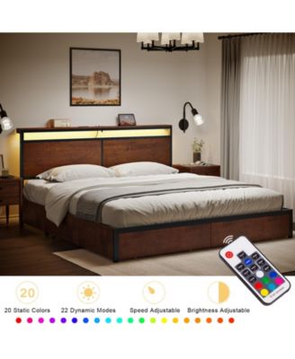 King Size Bed Frame with LED Storage Headboard & 4 Drawers & Charging Station Brown