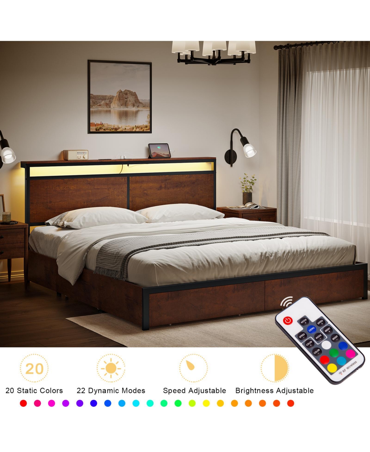 Hausource King Size Bed Frame with Led Storage Headboard & 4 Drawers & Charging Station Brown