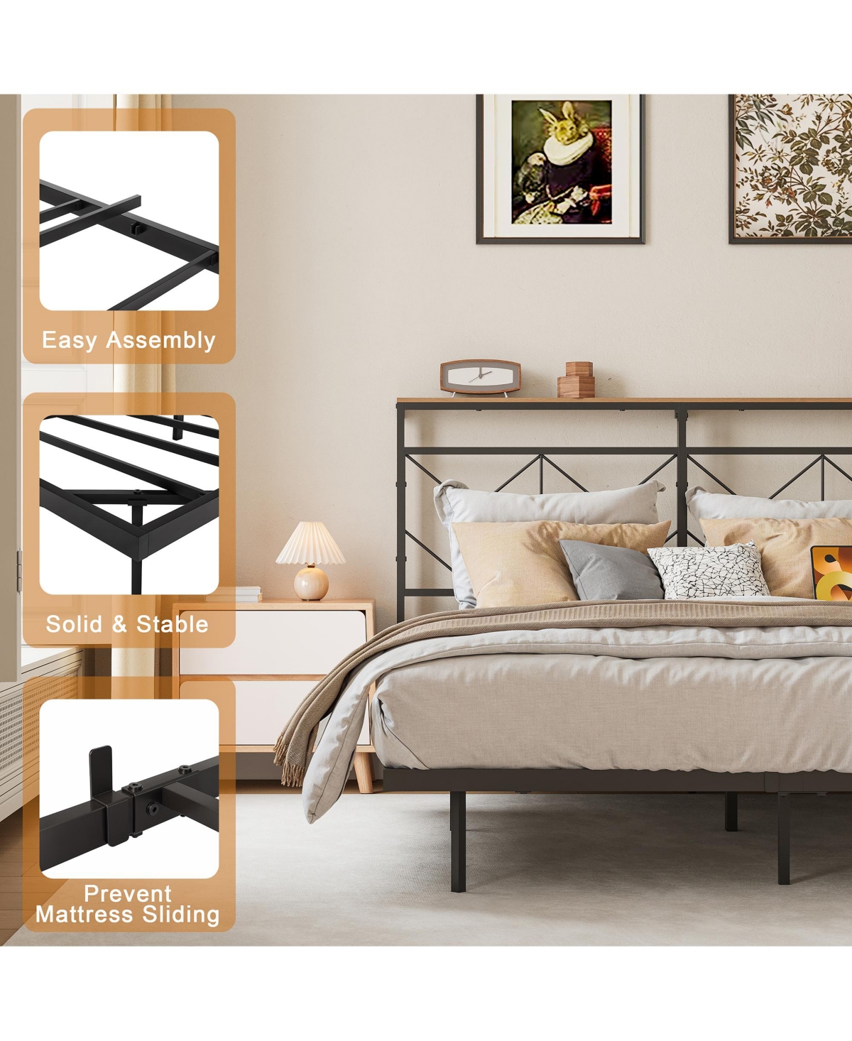 Hausource Twin Size Floating Bed Frame with Led Headboard & Charging Station No Box Spring Needed