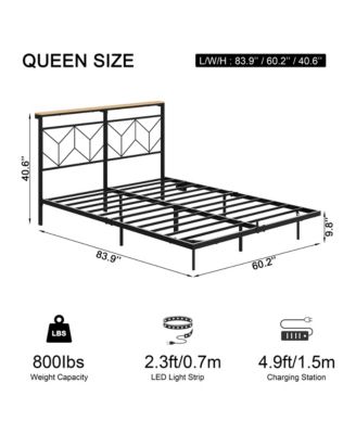 Queen Size Floating Bed Frame with LED Headboard & Charging Station No Box Spring Needed