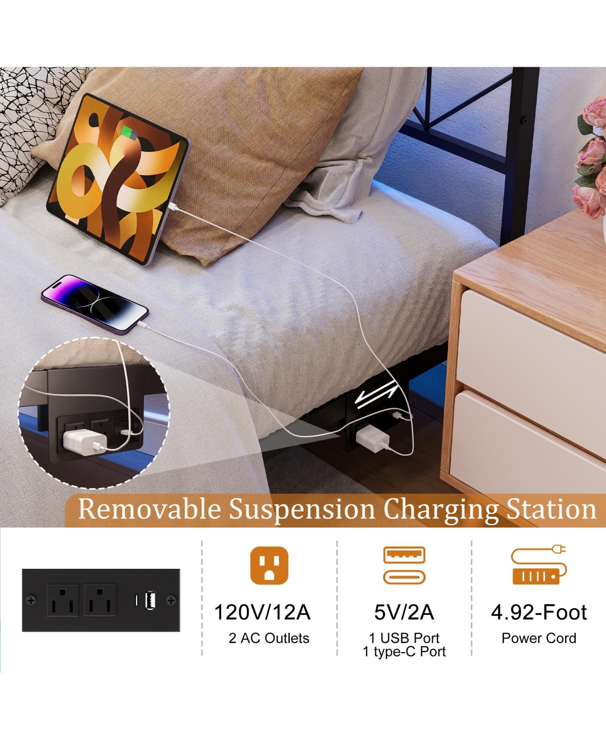 Hausource Queen Size Floating Bed Frame with Led Headboard & Charging Station No Box Spring Needed