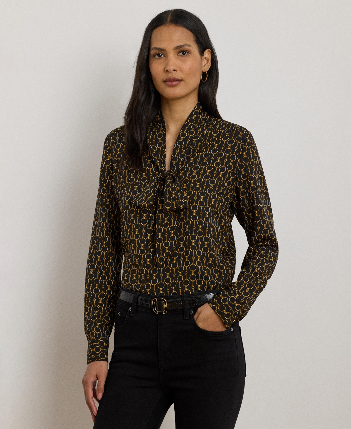 Lauren Ralph Women's Chain-Print Tie-Neck Blouse