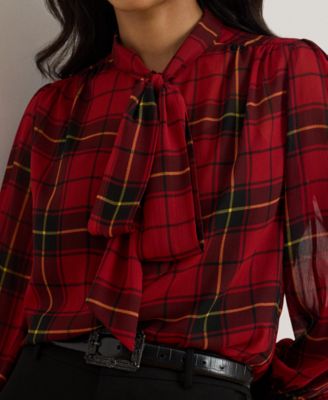 Women's Plaid Tie-Neck Blouse