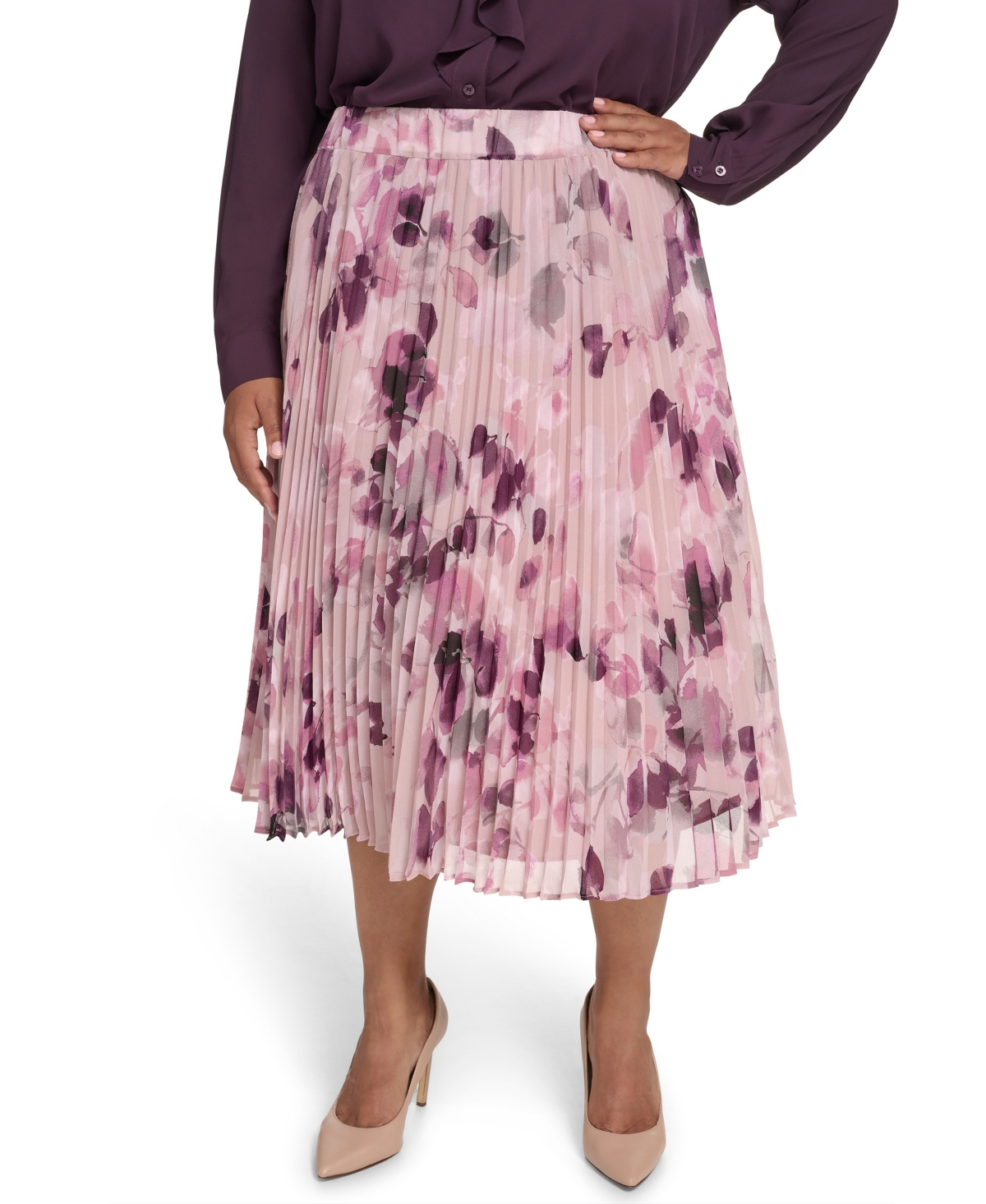 Calvin Klein Plus Size Printed Midi Skirt In Brown