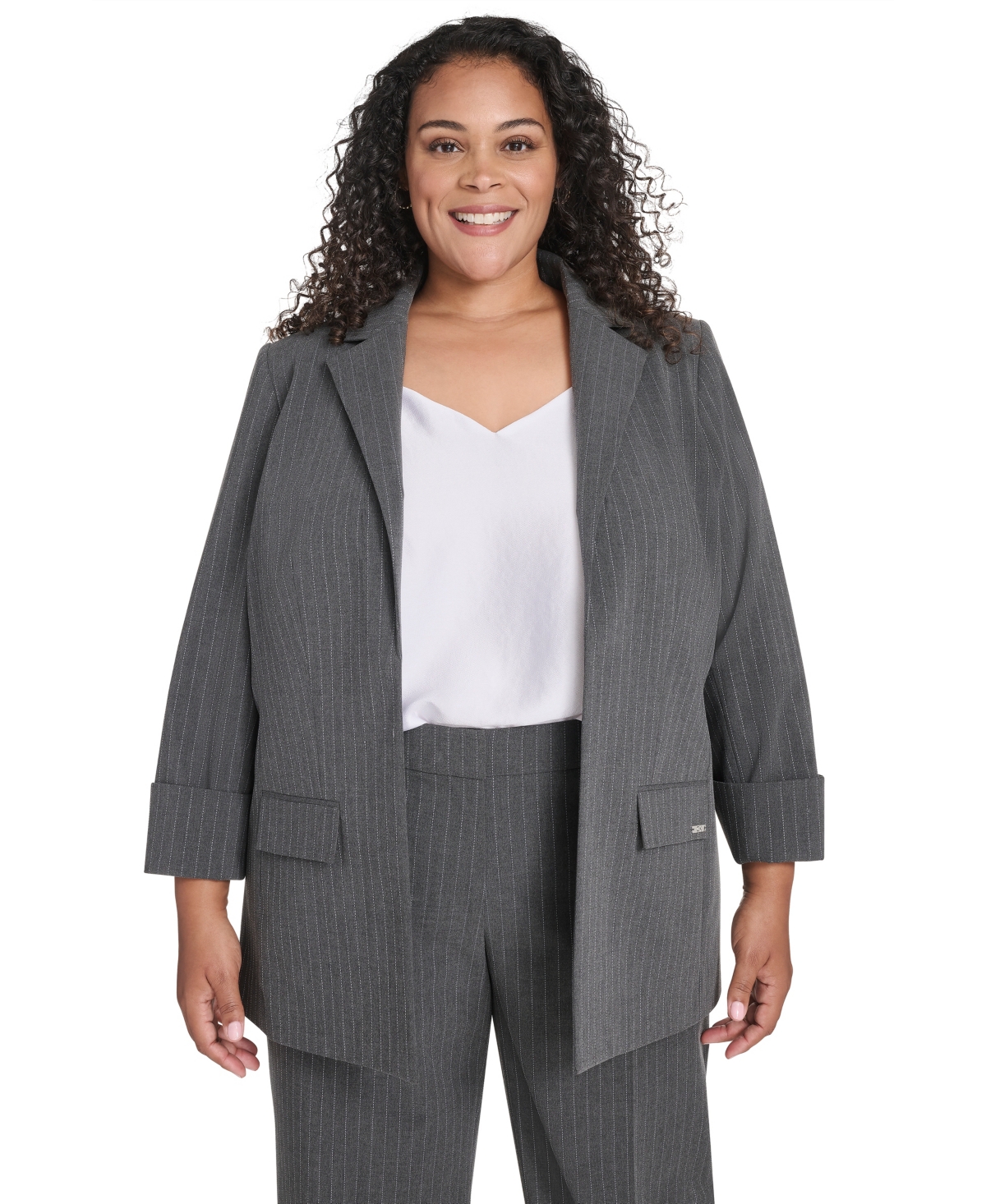 Calvin Klein Plus Size Pinstripe Long Sleeve Blazer In Blue