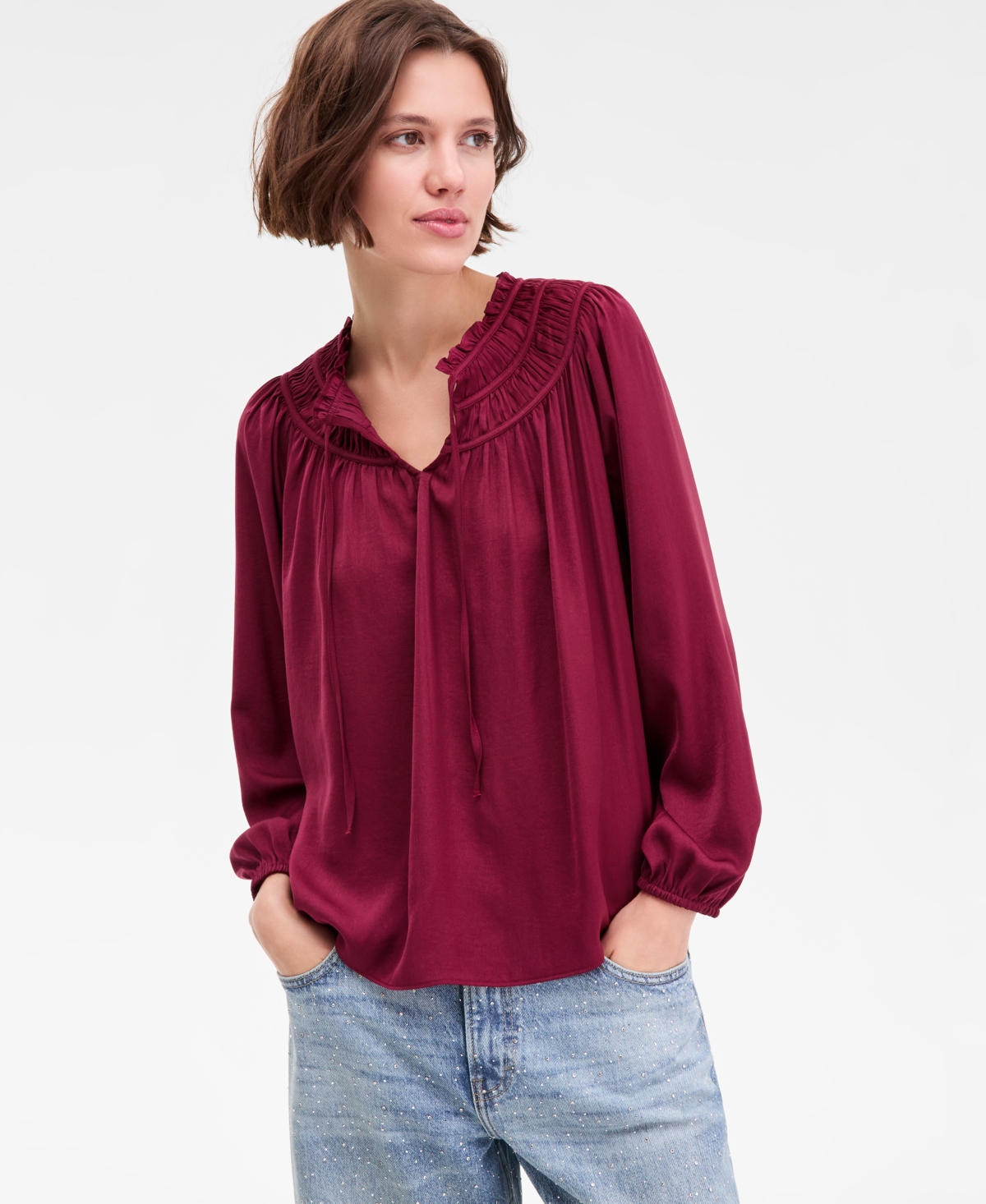 Lucky Brand Women's Ruched Long-Sleeve Peasant Top