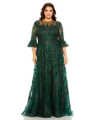 Women's Plus High Neck Flutter Sleeve Embroidered A Line Gown