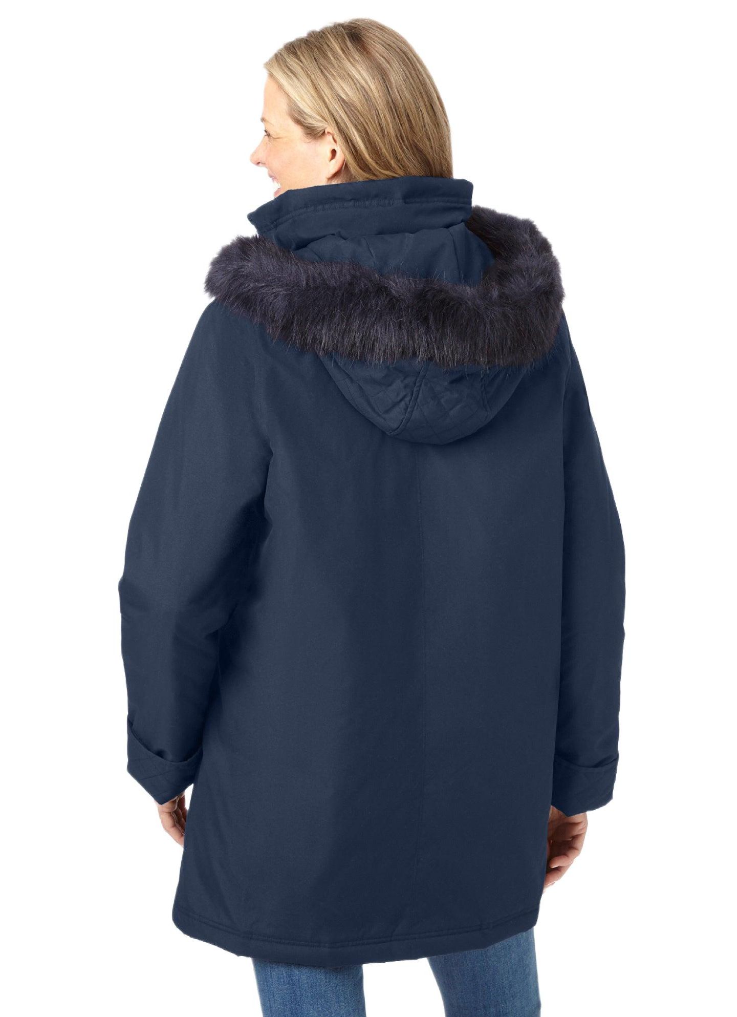 Женская куртка Woman Within Plus Size Faux Fur Down Parka, цвет: Тёмно-синий — фото 2