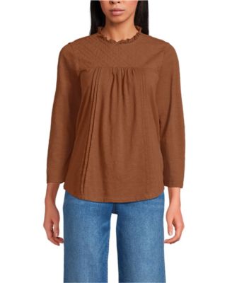 Women's 3/4 Sleeve Cotton Slub Lace Trim Top