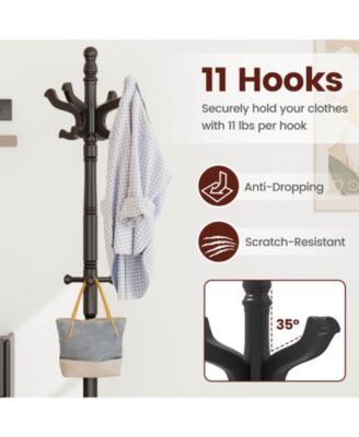 Solid Rubber Wood Coat Rack with 3 Adjustable Heights and 11 Hooks for Hallway