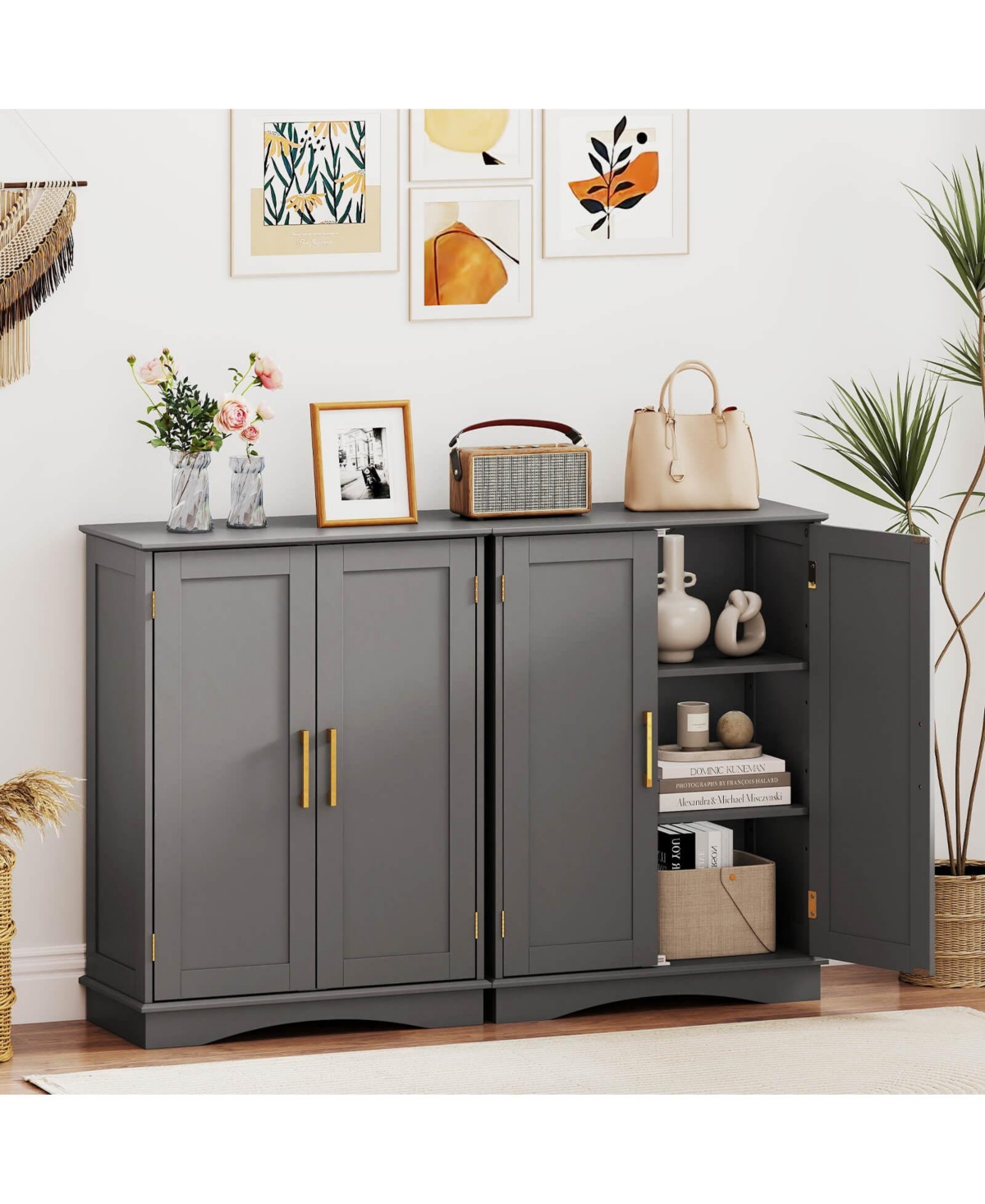 Costway Floor Storage Cabinet Modern Organizer with Adjustable Shelves &2 Doors