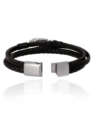 Mens Triple Row Black Leather Bracelet with Silver Accents