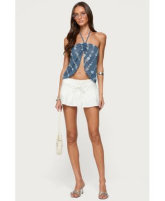 Women's Beaded Floral Split Front Halter Top