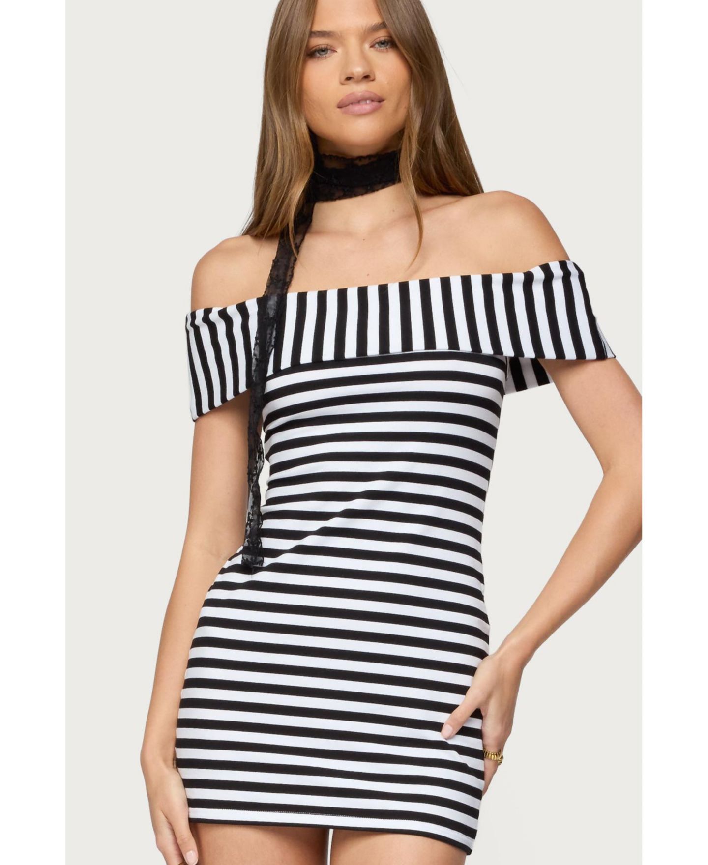 Женское платье Edikted Zivi Fold Over Striped Mini, цвет: Чёрный белый — фото 1