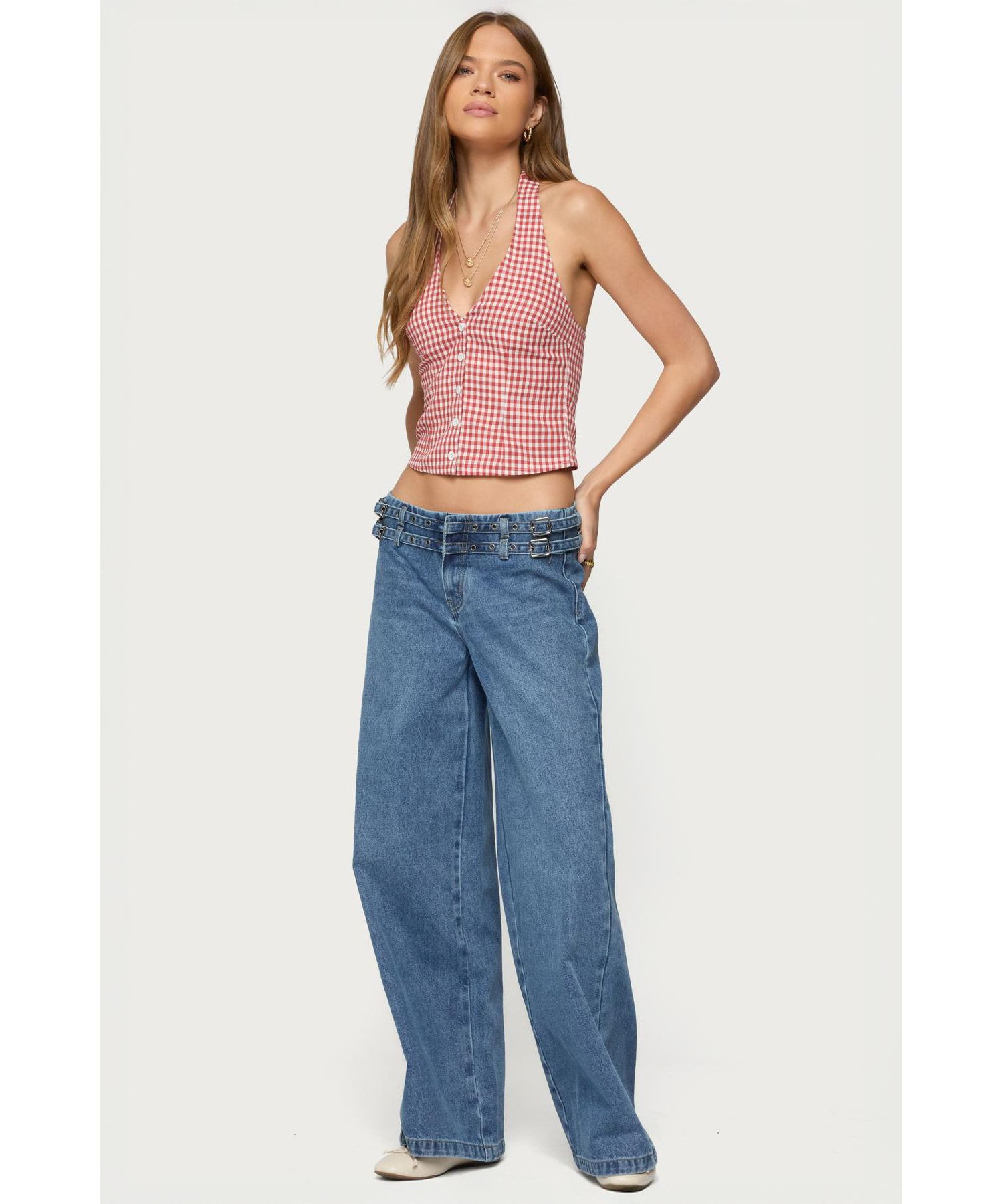 Womens Evan Gingham Button Up Halter Top