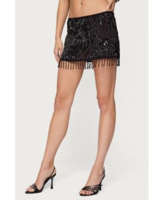 Women's Sheer Sequin Bead Fringed Mini Skirt
